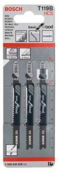 Пильное полотно Bosch / БОШ Basic for Wood / пилка для лобзика по дереву тонкий прямой пропил (T 119 B) упаковка 3 шт 2608630878